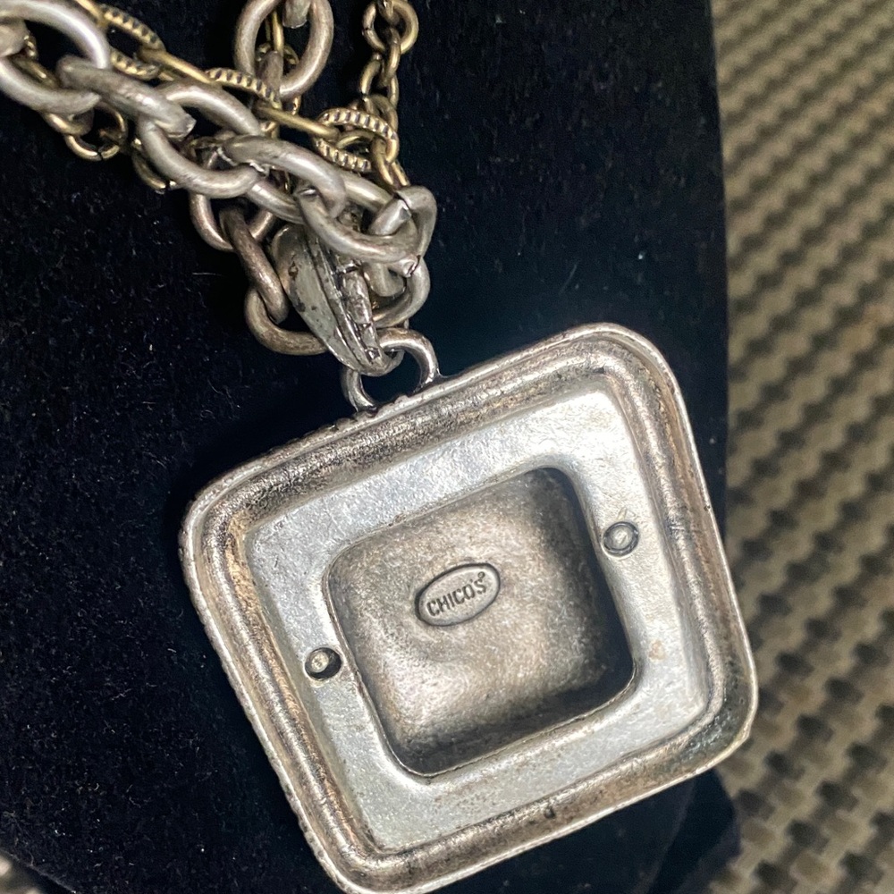 Chico's Multi-Tone Blue Square Pendant Necklace with Antique Silver Chains - Picture 6 of 6
